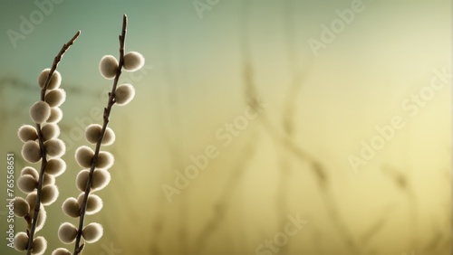  White balls dangling from plant stem, blurry background © Viktor