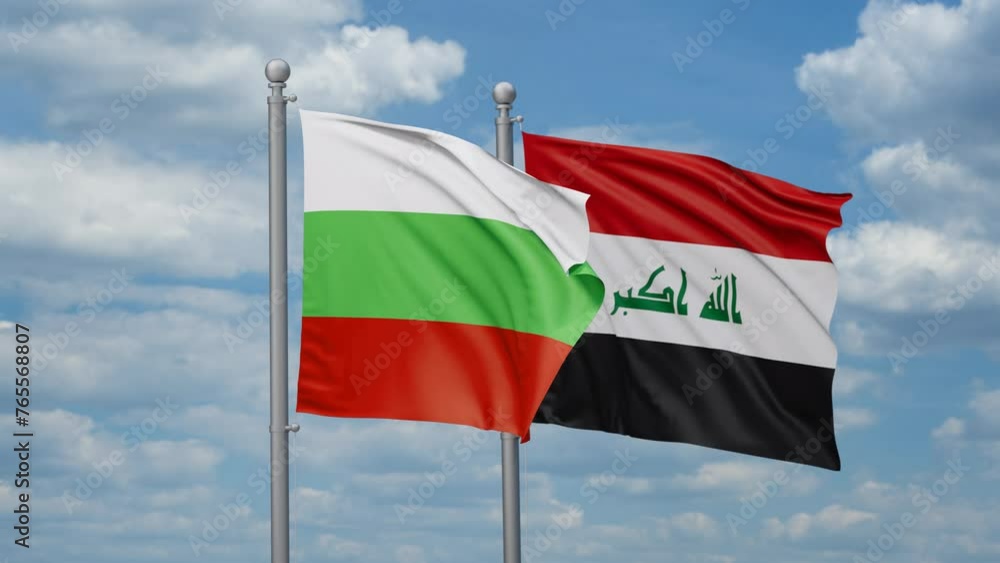 Iraq and Bulgaria two flags waving together on blue sky, looped video Iraq and Bulgaria two flags waving together on blue sky, looped video