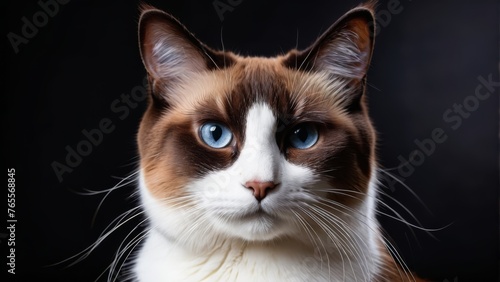  Brown and white cat with serious expression, blue eyes focused on camera