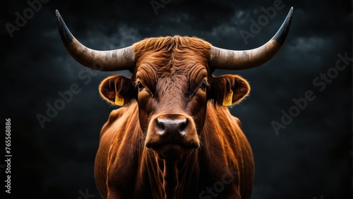 A striking close-up of a bull's face against a dark background, with a moody dark sky in the distance #Bulls #Wildlife #N
