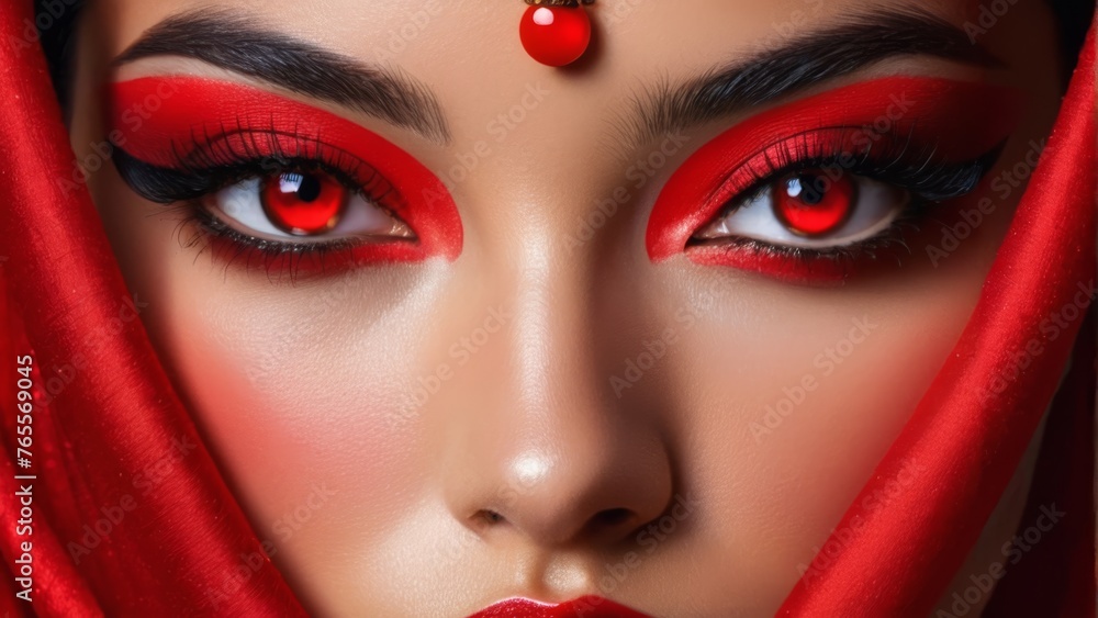  Red-eyed woman in close-up, wearing red veil and eyeliner