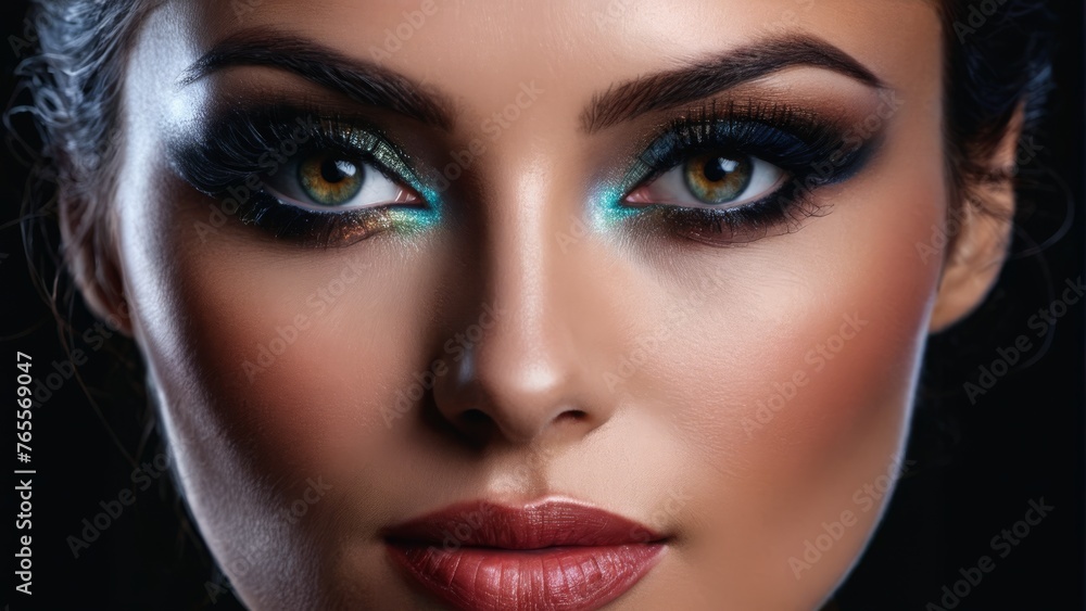 woman face closeup, blue green woman face closeup, blue green