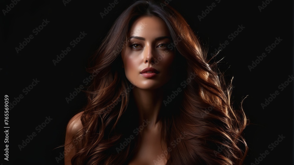 A woman with long brown hair poses against a black backdrop, her tresses billowing in the breeze A woman with long brown hair poses against a black backdrop, her tresses billowing in the breeze