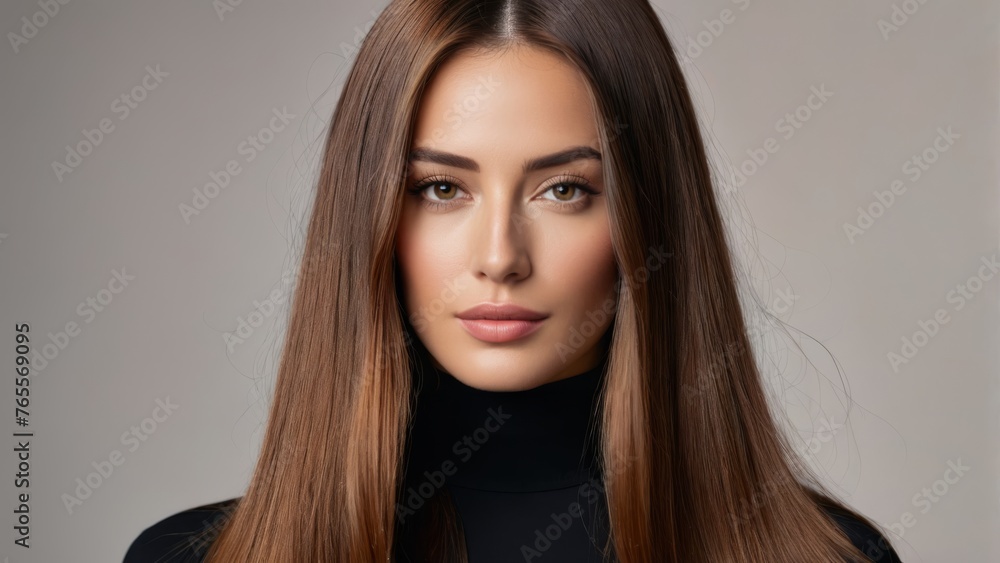Long brown-haired female gazes into camera in black turtleneck top and sweater Long brown-haired female gazes into camera in black turtleneck top and sweater