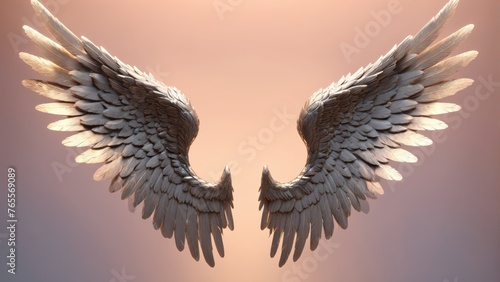  A stunning image of two enormous, gleaming white wings spread out in flight against a serene pink sky