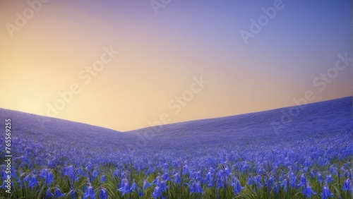  A stunning image of a field of blue flowers bathed in warm sunlight as the sun begins to set in the distance, capturing the essence of a peaceful moment