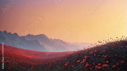 Red mountain range in a field of pink flowers with a pink sky background © Viktor
