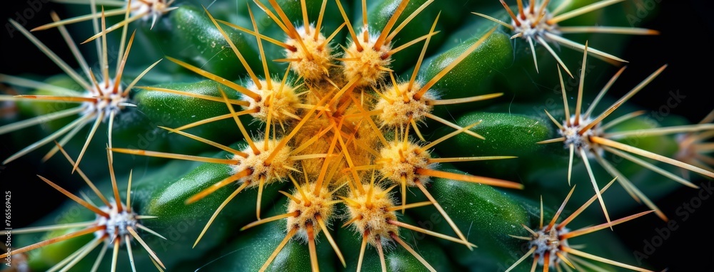 Detailed view of a green cactus with vibrant yellow tips, showcasing its unique coloration and texture Detailed view of a green cactus with vibrant yellow tips, showcasing its unique coloration and texture