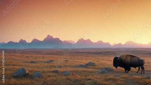  A majestic bison grazes amidst golden dry grass, surrounded by towering mountains in the background