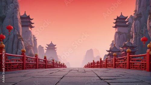  A vividly described image showcases a striking red fence separating a serene path leading to an architectural marvel with a majestic pagoda perched atop
