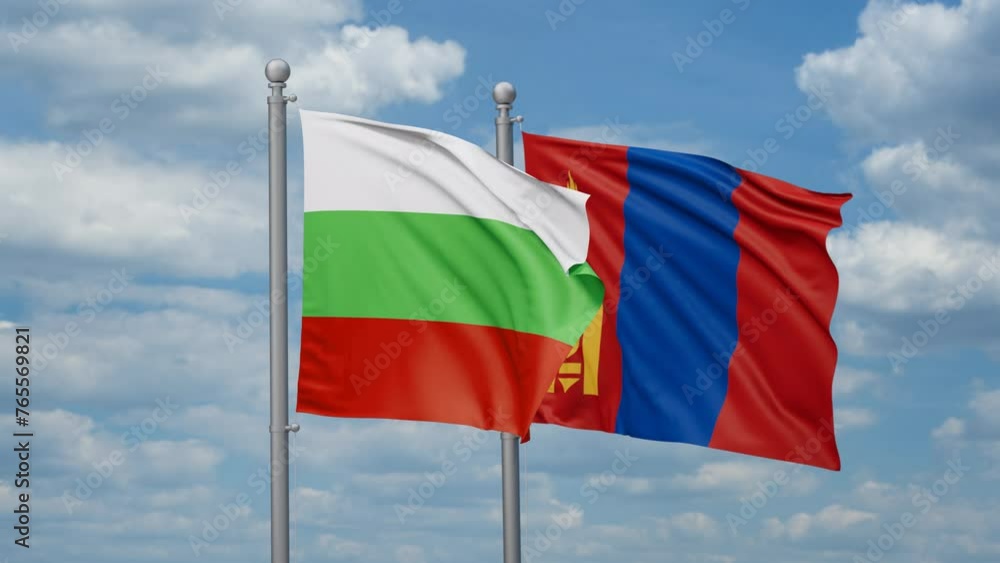 Mongolia and Bulgaria two flags waving together, looped video, two country cooperation concept Mongolia and Bulgaria two flags waving together, looped video, two country cooperation concept