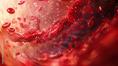 Red blood cells flowing through a vein  with a focus on the detailed texture and vibrant red color of the erythrocytes. The background is enriched with subtle molecular structure.