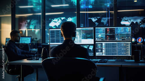 IT Technical Support Specialists, Financial Analysts and Day Traders Working on a Computers with Multi-Monitor Workstations with Real-Time Stocks, Commodities and Exchange Market Charts.  photo