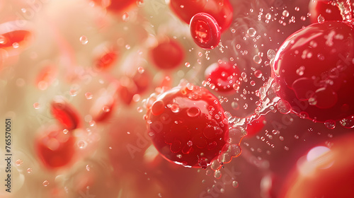 Red blood cells flowing through a vein, with a focus on the detailed texture and vibrant red color of the erythrocytes. The background is enriched with subtle molecular structure.