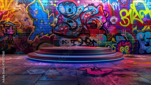 Neon-Lit Platform Against Vibrant Graffiti Wall 