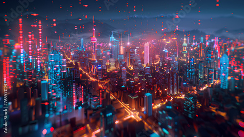 Futuristic Cityscape with Digital Network Connections . A dazzling, neon-lit cityscape at night, with digital data streams illustrating a vibrant, connected urban environment in a futuristic setting. 
