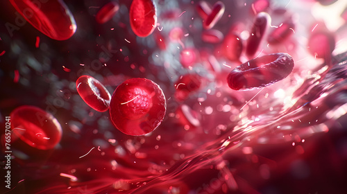 View of red blood cells suspended in plasma  with a dreamy  soft-focus effect on surrounding biochemical elements. 