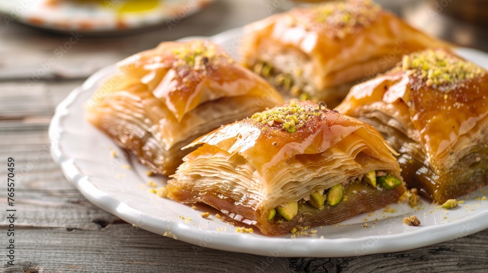 Pistachio baklava on a white plate.Close-up of four slices of baklava