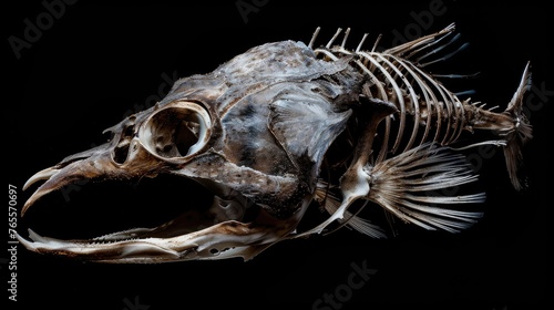Fish skull isolated black background Generative Ai © Dvid