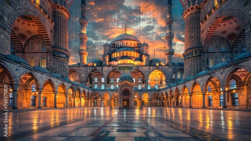 The Blue Mosque in Istanbul, Turkey. (Sultanahmet Camii). The Mosque is decorated with MAHYA specially for Ramadan. Writes to the mahya: "The Sultan Of 11 Months, Welcome!"
