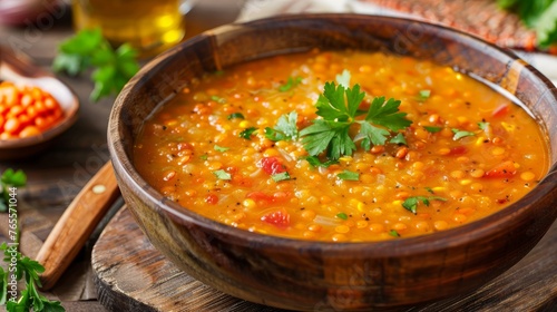 Traditional delicious Turkish foods; Red lentil soup (Turkish name; Mercimek corbasi) photo