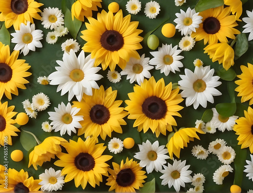 Beautiful floral background. Full of sunflowers and white flowers. There are beautiful flowers in bloom. close-up © WONWEL