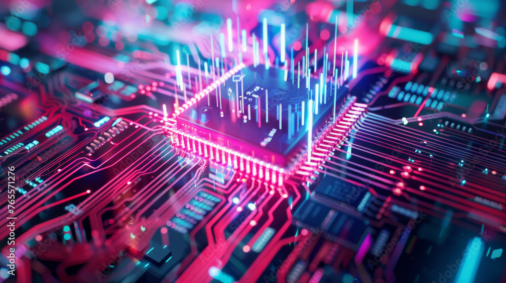 Close-up of a Microchip on a Glowing Circuit Board with Electrical Traces