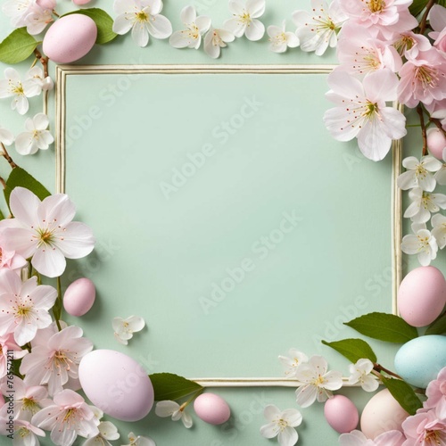 Easter eggs with colorful with light pink and blue tones  Easter card with spring flowers