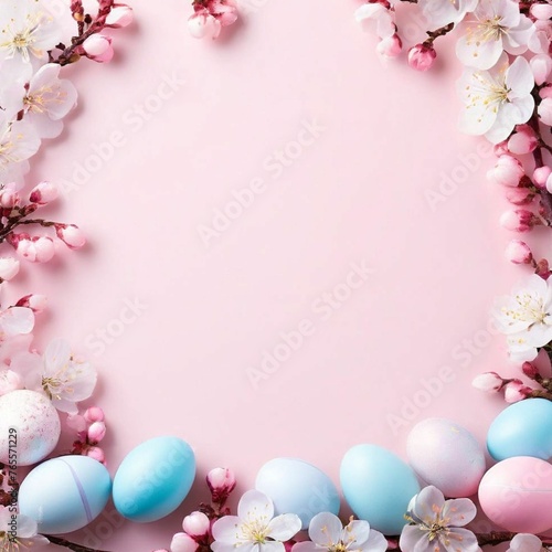 Easter eggs with colorful with light pink and blue tones, Easter card with spring flowers