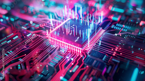 Close-up of a Microchip on a Glowing Circuit Board with Electrical Traces