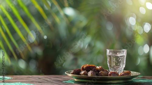 Traditional iftar table with dates and a glass of water, in front of a green background