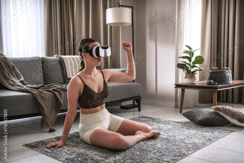Sport,Workout fitness home vr,Fitness vr home,VR fit.Girl doing fitness in VR glasses home,virtual reality exercise, immersive workout,VR sports,virtual gym,sport,wellness VR.