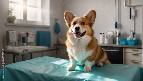 Happy dog at the doctor. Vaccination of animals in a veterinary clinic by a veterinarian