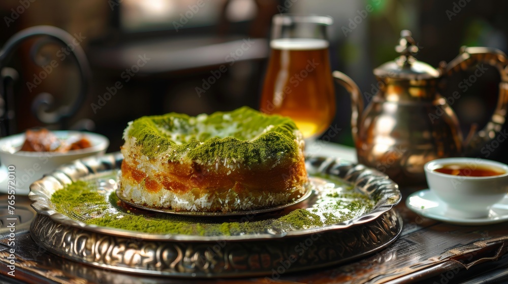Turkish dessert kunefe, kunafa, kadayif with pistachio powder and cheese hot eaten a sweet Turkish dessert kunefe, kunafa, kadayif with pistachio powder and cheese hot eaten a sweet
