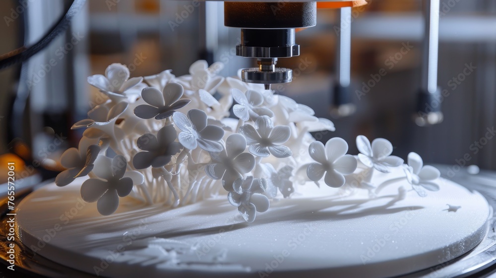 Captivating close-up of a 3D printer at work, producing beautiful floral layers with precision