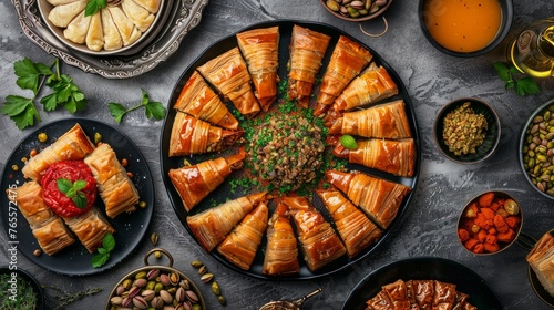 Turkish Dessert Sobiyet Baklava, mussels baklava and classic baklava with Pistachio . Cevizli, Fistikli Baklava, top view.