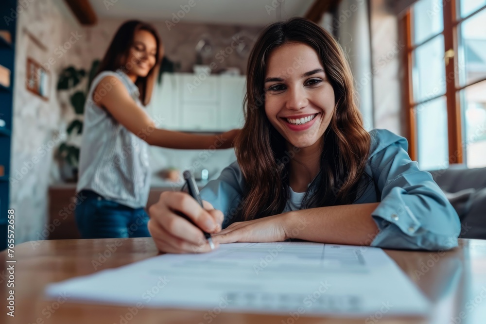 Fototapeta premium A joyful woman signing documents, with a friend in the background in a homely environment