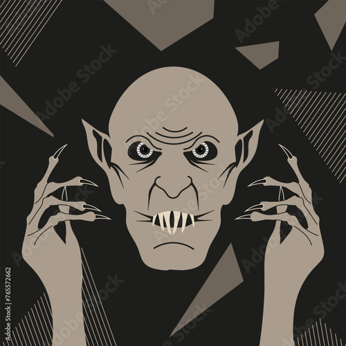 Scary Vampire head on trendy Geometric background. Halloween concept. Vector illustration can used greeting card poster banner design. EPS 10