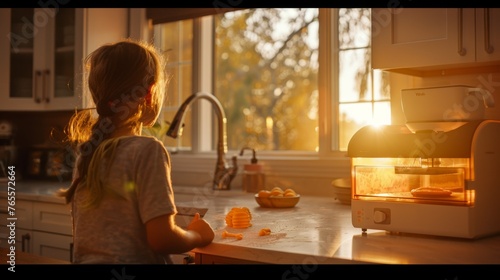 A child is engaged in baking, standing at a counter in a warm, sunlit kitchen, creating a homely and nurturing scene