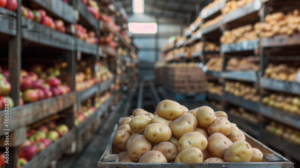 A close-up view of raw potatoes in wooden crates at a rustic farmer's market, conveying fresh produce and agriculture A close-up view of raw potatoes in wooden crates at a rustic farmer's market, conveying fresh produce and agriculture