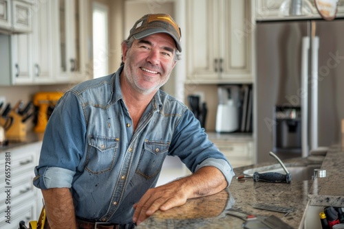 Joyful mature man with a tool belt and cap standing at a kitchen counter