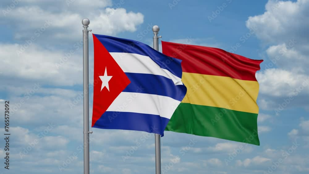 Bolivia and Cuba two flags waving together, looped video, two country relations concept