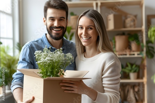 Joyful Homestead: Happy Busy Couple of Homeowners Unpacking Cardboard Boxes, Infusing Their New Abode with Excitement and Warmth