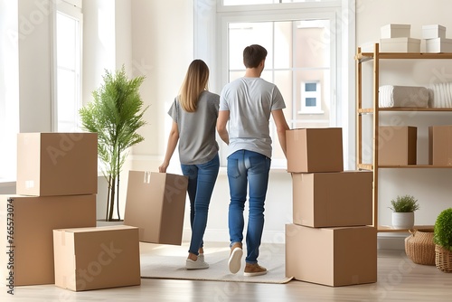 Nesting Bliss: Smiling Couple of Homeowners Busy Unpacking Cardboard Boxes, Creating Moments of Joy and Connection in Their New Dwelling
