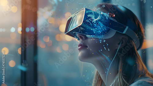Women Experiencing Virtual Reality Immersion
. A woman with a VR headset is immersed in a captivating digital experience, surrounded by abstract light patterns.
