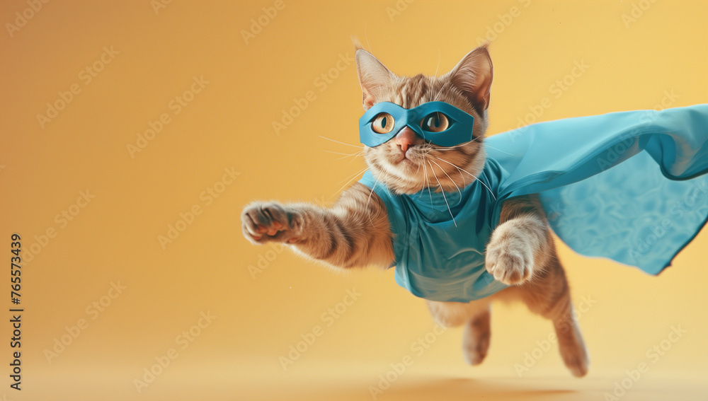 Fototapeta premium A superhero cat with a blue cloak and mask, flying in the air in the style of no people, isolated on a light pastel background.