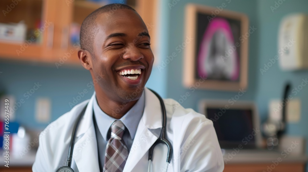 Young black male doctor laughing in a bright medical office environment Young black male doctor laughing in a bright medical office environment