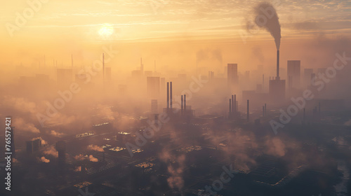 A polluted urban skyline with smog-filled skies and factories emitting toxic fumes, highlighting the environmental challenges faced by cities