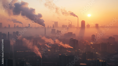 A polluted urban skyline with smog-filled skies and factories emitting toxic fumes, highlighting the environmental challenges faced by cities