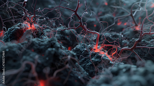 Immersive 3D landscape of the hippocampus region of a rat's brain, highlighting the dense networks of neurons and glial cells.